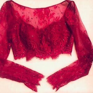 Sherri Hill Beaded Long Sleeve Crop Top Formal Illusion Neckline Magenta Size ￼2